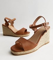 New Look Wide Fit Tan Leather-Look Espadrille Wedges
